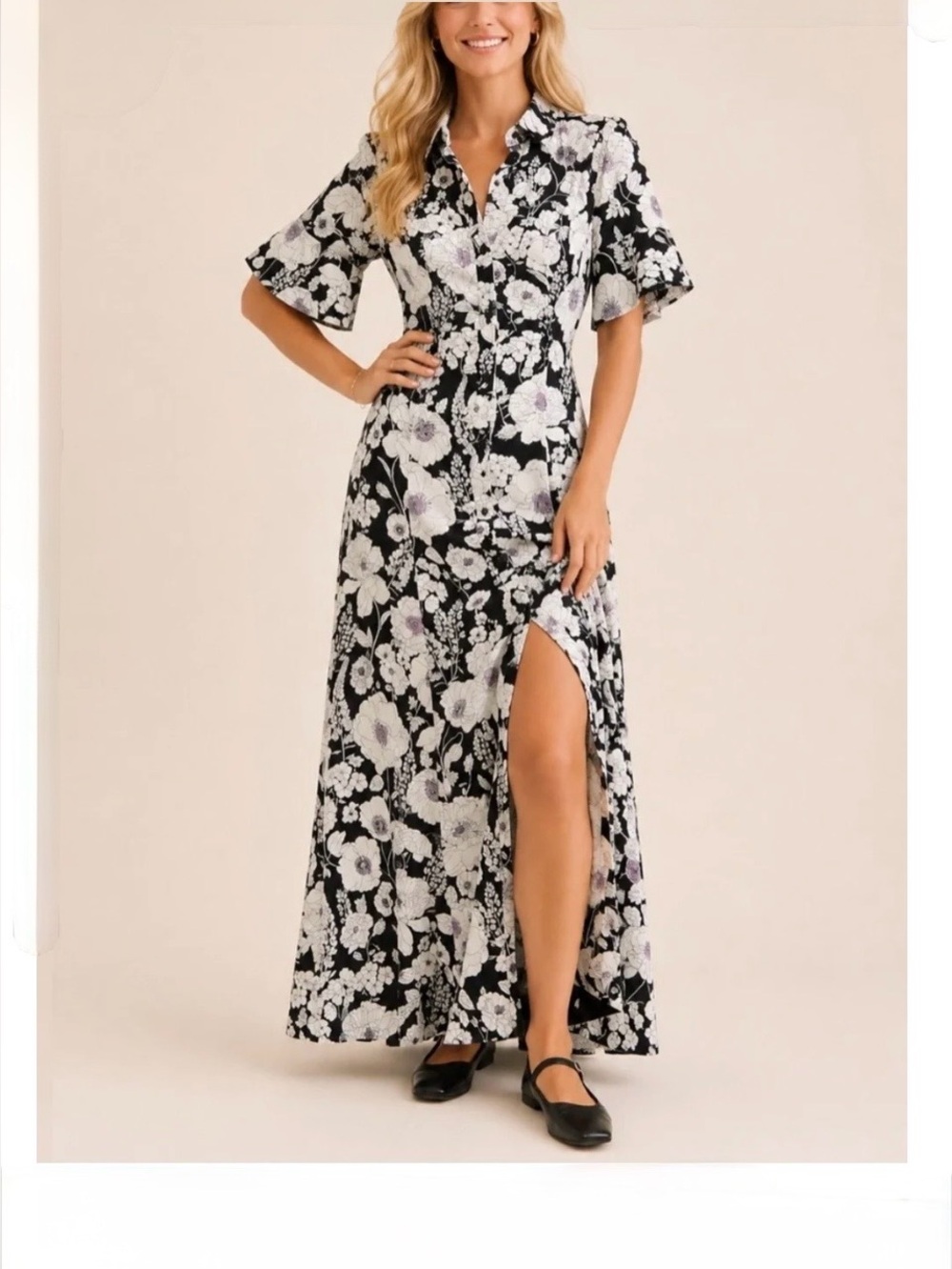 Maeve by Anthropologie Black and White Floral Maxi Dress